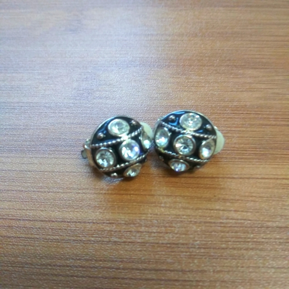 Vintage Diamond Earrings Clip On Round Enamel Balls